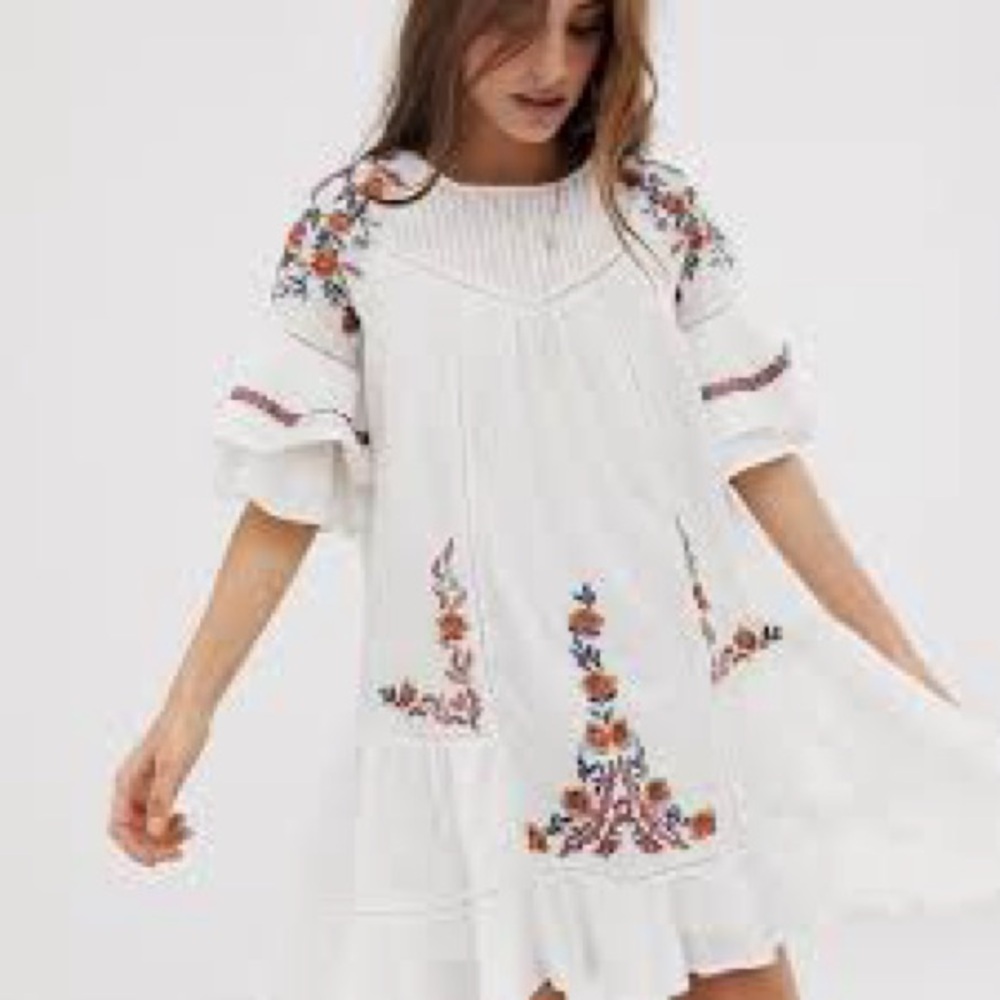 Free People White Mini Dress with Embroidery